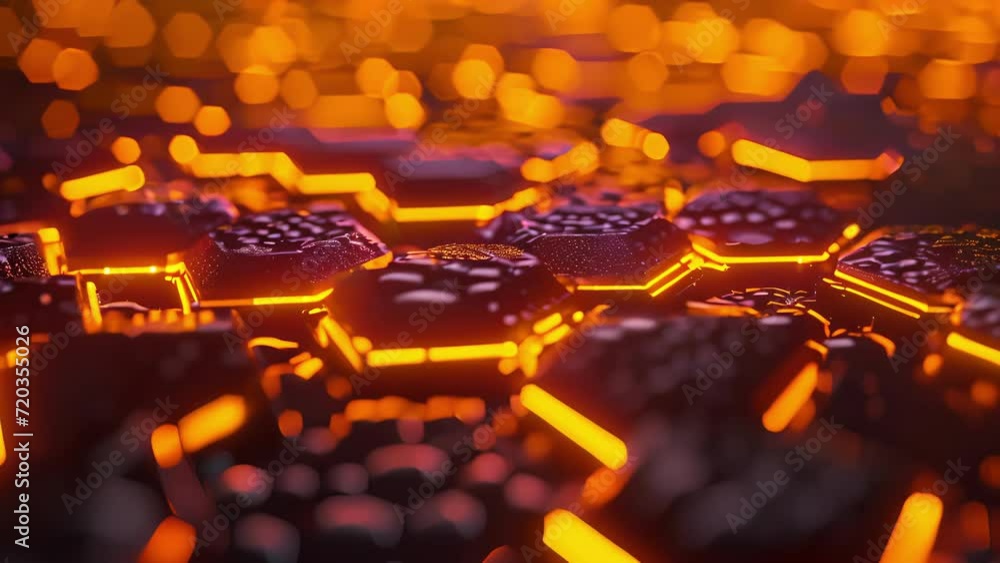 Poster a mesmerizing pattern of neon yellow hexagons and triangles creating a neon honeycomb effect.