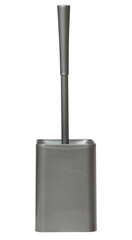 Gray plastic toilet brush with stand on isolated background