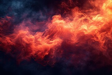 Fototapeta na wymiar Red flames and smoke swirl in dance of heat and mystery creating abstract spectacle. Dark smoky backdrop illustrates mystical union of light and motion