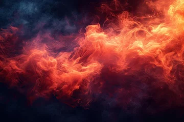  Red flames and smoke swirl in dance of heat and mystery creating abstract spectacle. Dark smoky backdrop illustrates mystical union of light and motion © Wuttichai