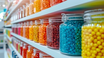 Colorful candy shop display with a variety of sweets in glass jars.