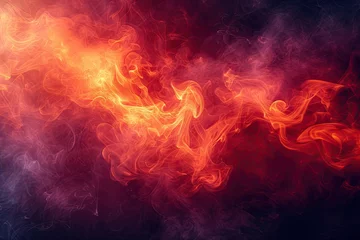 Papier Peint Lavable Feu Red flames and smoke swirl in dance of heat and mystery creating abstract spectacle. Dark smoky backdrop illustrates mystical union of light and motion