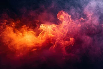 Poster Red flames and smoke swirl in dance of heat and mystery creating abstract spectacle. Dark smoky backdrop illustrates mystical union of light and motion © Wuttichai