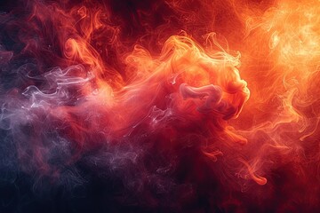Red flames and smoke swirl in dance of heat and mystery creating abstract spectacle. Dark smoky backdrop illustrates mystical union of light and motion