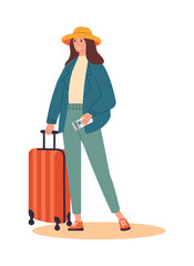 Travel concept. A woman with an orange suitcase in her hand and a ticket in her other hand. Front view. Vector illustration