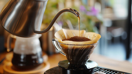Hot coffee. Steam rises from a pour-over coffee brewer as a barista expertly pours hot water,...