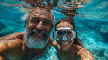 Fototapeta premium A joyful underwater selfie of a bearded man and a woman wearing a snorkeling mask, sharing a moment of happiness in clear blue waters.