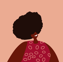 Smiling black woman, face avatar. Beautiful pretty sexy African-American girl, head portrait. Happy female character with bouffant Hair Style. Flat vector illustration isolated on white background