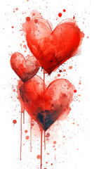 Red hearts on a white background with splashes of red paint.