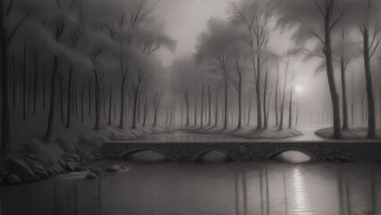 Frame Art, TV Art, foggy forest of horror, pencil sketch, printable digital art