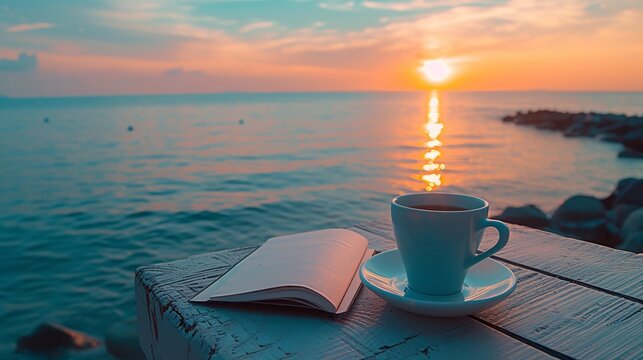 Serene seaside morning with coffee and a notebook