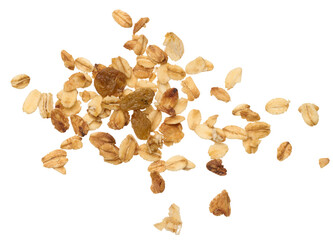 Oatmeal, raisins. Granola isolated on background, top view