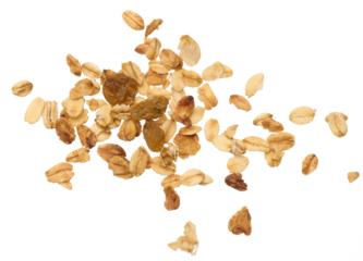 Oatmeal, raisins. Granola isolated on background, top view