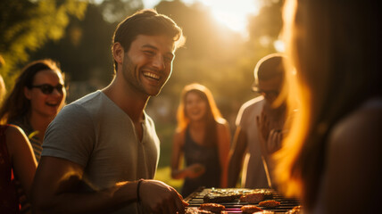 Fun picnic where happy friends enjoy socializing outdoors - obrazy, fototapety, plakaty