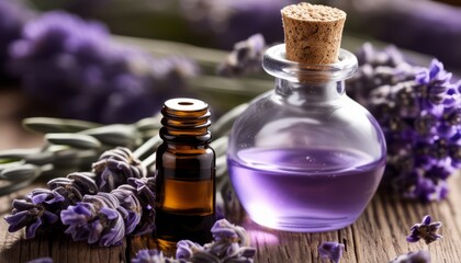 Obraz na płótnie Canvas A bottle of lavender oil with a cork stopper