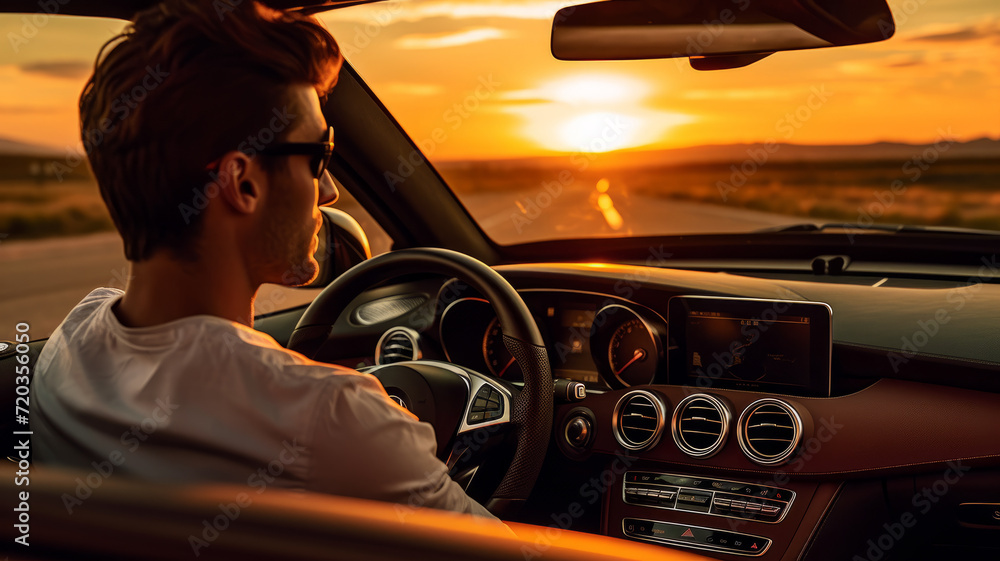 Wall mural modern businessman driving a luxury car on a sunny summer day