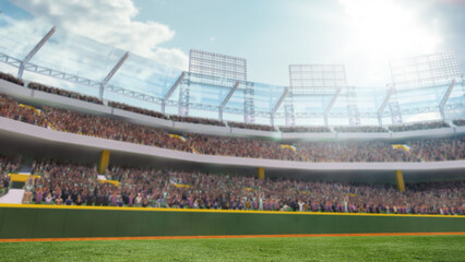 Blurred stadium crowd of fans sitting on tribune watching match on daytime. 3D render of outdoor baseball arena, stadium. Concept of professional sport, competition, championship, game © master1305