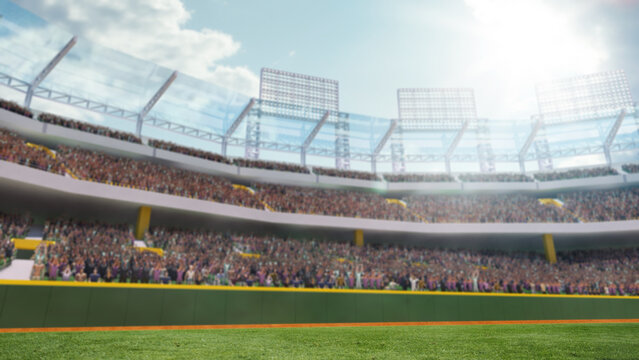 Blurred stadium crowd of fans sitting on tribune watching match on daytime. 3D render of outdoor baseball arena, stadium. Concept of professional sport, competition, championship, game