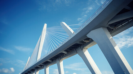Support element of high cable-stayed bridge with steel pylons. Backlight. Clear blue sky.