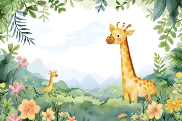 Cute cartoon giraffe frame border on background in watercolor style.