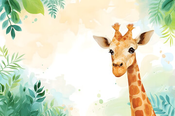 Cute cartoon giraffe frame border on background in watercolor style.