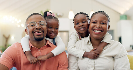 Black family, face and happy with parents and children at home, love and bonding with hug and spending time together. Man, woman and girl kids, happiness and portrait and people smile in living room - obrazy, fototapety, plakaty