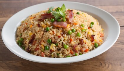 A white plate with rice, peas, and bacon