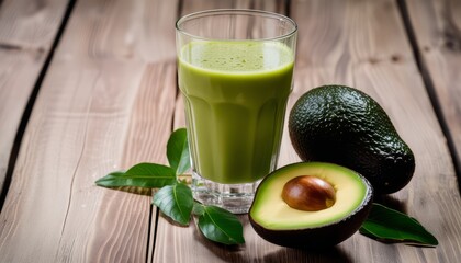 A glass of green juice with avocado and a leaf