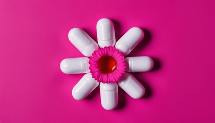 A pink flower made of pill bottles