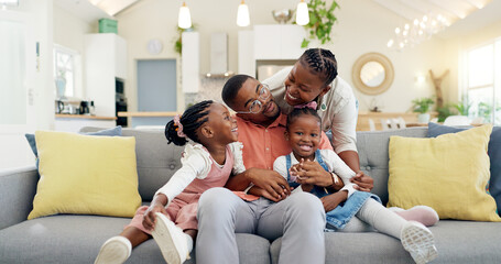 Happy, black family on sofa and in living room of their home happy together for care. Support or love, happiness or positivity and African people cuddle on couch in their house for bonding time - obrazy, fototapety, plakaty