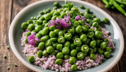 A bowl of peas and purple flowers - Powered by Adobe