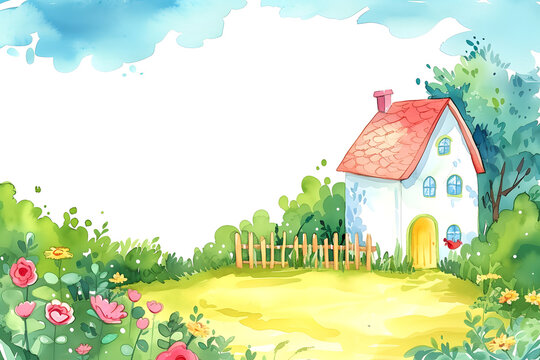 Cute cartoon house landscape frame border on background in watercolor style.