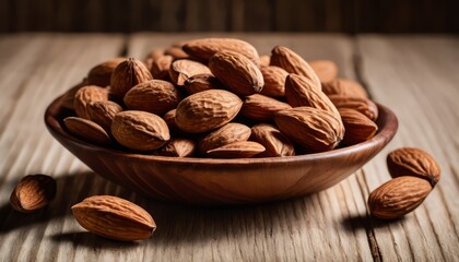 A bowl of almonds on a wood table