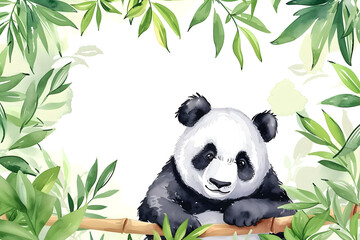Cute cartoon panda frame border on background in watercolor style.