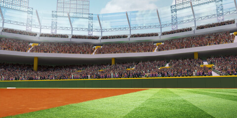 Wide-angle view of a crowded stadium with vibrant green field. 3D render of baseball stadium, open air arena. Concept of professional sport, competition, championship, game © master1305