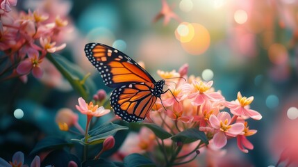 Obraz premium close up of a butterfly with spring flowers, vibrant colors, cinematic