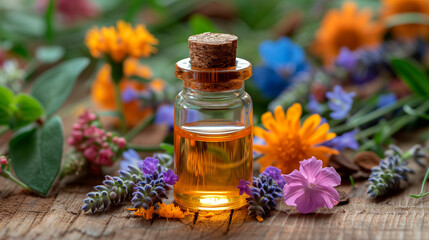 Obraz na płótnie Canvas essential oil with wild wildflowers on a wooden background