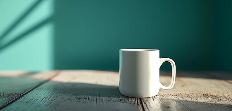 An empty white mug on a brushed nickel table with a changing background of muted teal.