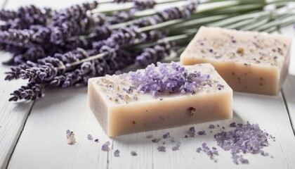 Two bars of soap with lavender and purple salt