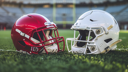 Fototapeta premium Two american football helmets, representing the opposing teams