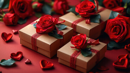 Trendy gift boxes, rose flowers and hearts on a colored background. Valentine's Day, space for text