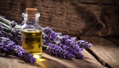 Obraz na płótnie Canvas A bottle of lavender oil sits on a wooden table