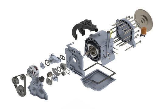 Car wankel engine exploaded view. Automotive wankel engine spare parts.