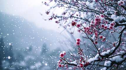 wallpaper of  branch is covered in heavy snow, covered in snow with plum blossom petals, with empty copy space