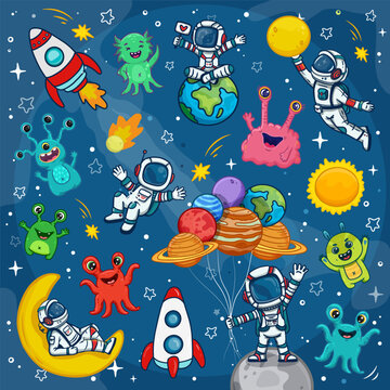 Space for children. Cartoon astronauts in the galaxy. Set of cosmic elements.  Colorful Space Background with cosmonauts, planets, stars, aliens and monsters. Vector illustration