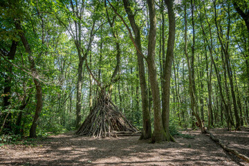 Dardilly, France - 09 03 2022: View of a wooden teepee in the forest Bois de Serre, Edge of the...