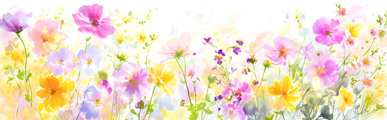 Naklejka na ściany i meble Colorful cosmos flowers. Floral background. Watercolor illustration.
