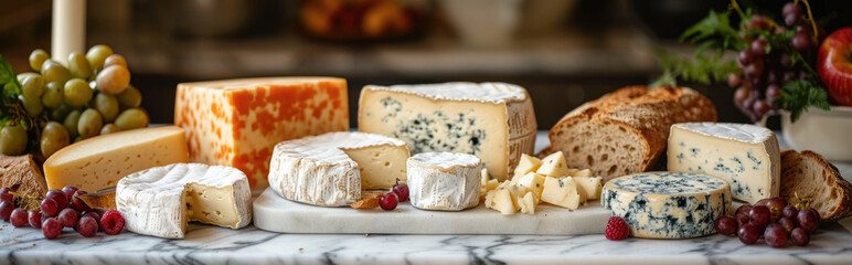 Various types of cheese on a white marble board. Selective focus.