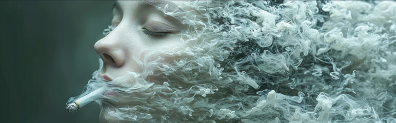 Close up portrait of a young woman smoking a cigarette. Anti Smoking concept.