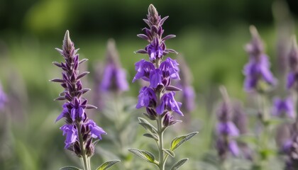 Obraz premium A field of purple flowers with green leaves